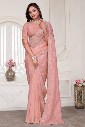 Peach resham sequin zarkan embroidery work silk blend saree