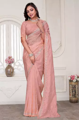 Peach resham sequin zarkan embroidery work silk blend saree