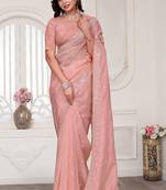 Peach resham sequin zarkan embroidery work silk blend saree