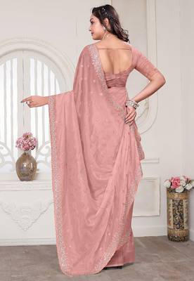 Peach resham sequin zarkan embroidery work silk blend saree 2