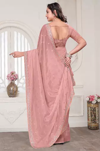 Peach resham sequin zarkan embroidery work silk blend saree