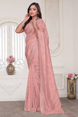 Peach resham sequin zarkan embroidery work silk blend saree 3