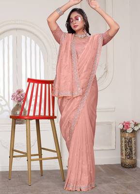 Peach resham sequin zarkan embroidery work silk blend saree 4