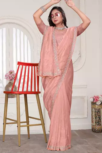 Peach resham sequin zarkan embroidery work silk blend saree