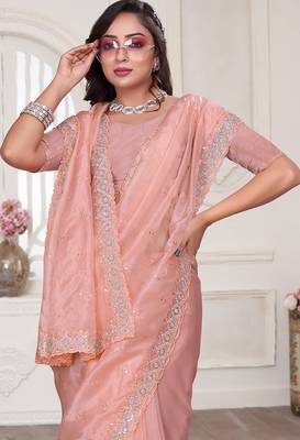 Peach resham sequin zarkan embroidery work silk blend saree 5