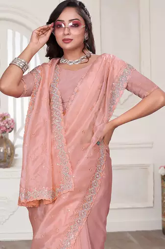Peach resham sequin zarkan embroidery work silk blend saree
