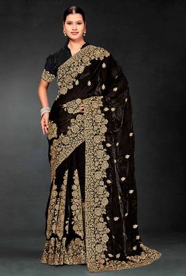 Black zari badla embroidery work silk blend saree 1