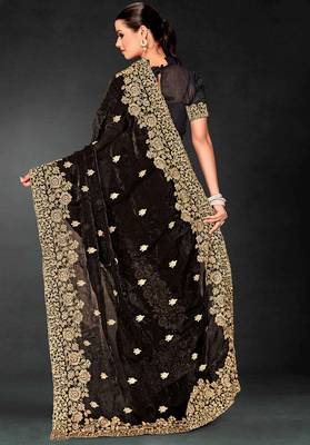 Black zari badla embroidery work silk blend saree 2