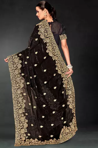 Black zari badla embroidery work silk blend saree