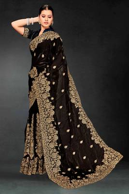 Black zari badla embroidery work silk blend saree 3