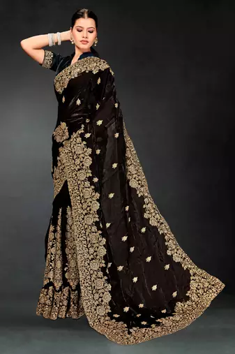 Black zari badla embroidery work silk blend saree