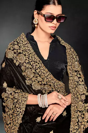 Black zari badla embroidery work silk blend saree