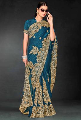 Teal blue zari badla embroidery work silk blend saree 1
