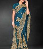 Teal blue zari badla embroidery work silk blend saree