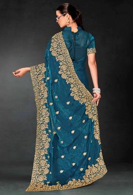 Teal blue zari badla embroidery work silk blend saree 2