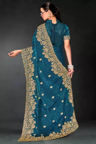 Teal blue zari badla embroidery work silk blend saree