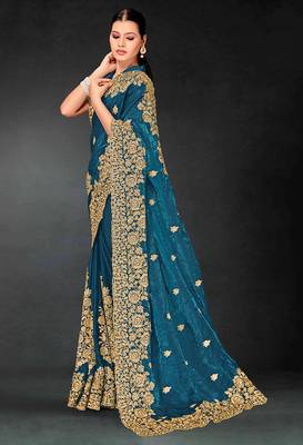 Teal blue zari badla embroidery work silk blend saree 3