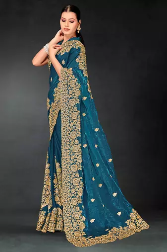 Teal blue zari badla embroidery work silk blend saree