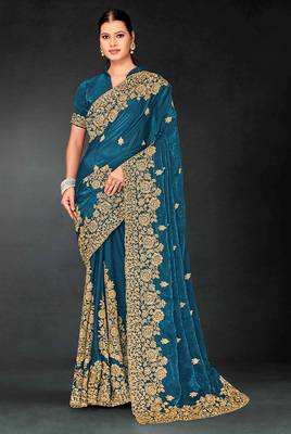 Teal blue zari badla embroidery work silk blend saree 4