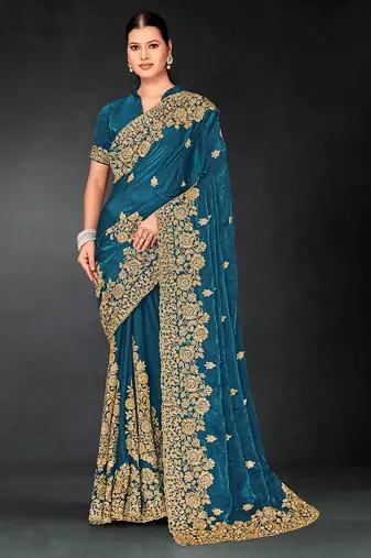 Teal blue zari badla embroidery work silk blend saree
