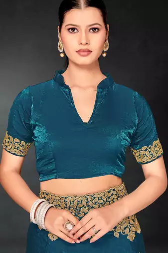 Teal blue zari badla embroidery work silk blend saree