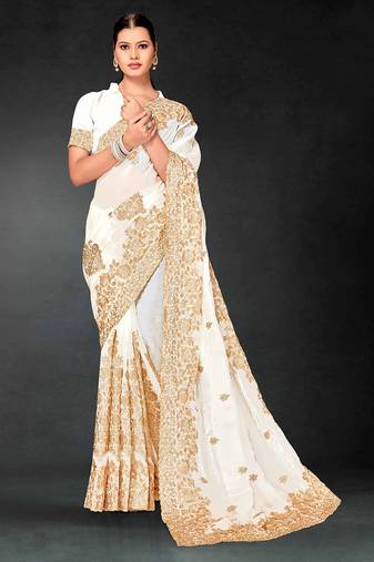White zari badla embroidery work silk blend saree