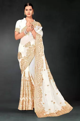 White zari badla embroidery work silk blend saree