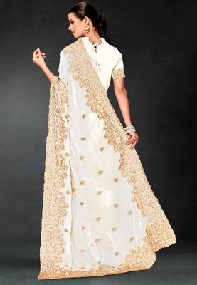 White zari badla embroidery work silk blend saree 2