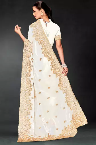 White zari badla embroidery work silk blend saree