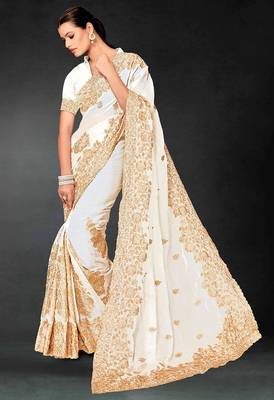 White zari badla embroidery work silk blend saree 3