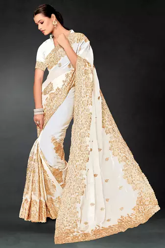 White zari badla embroidery work silk blend saree