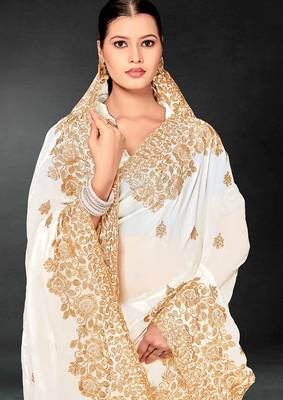 White zari badla embroidery work silk blend saree 4