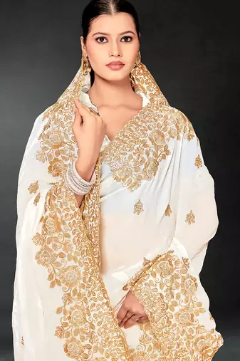 White zari badla embroidery work silk blend saree