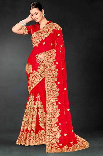 Red zari badla embroidery work silk blend saree
