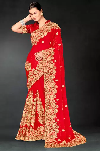 Red zari badla embroidery work silk blend saree