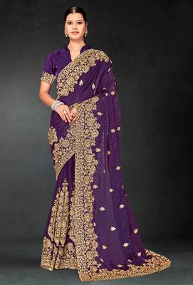 Purple zari badla embroidery work silk blend saree 1