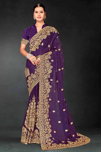 Purple zari badla embroidery work silk blend saree