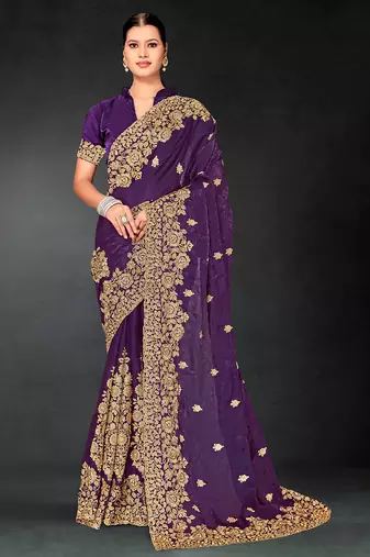 Purple zari badla embroidery work silk blend saree