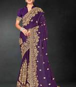 Purple zari badla embroidery work silk blend saree