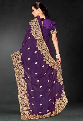 Purple zari badla embroidery work silk blend saree 2