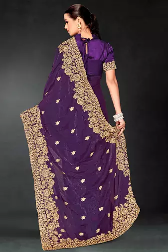 Purple zari badla embroidery work silk blend saree