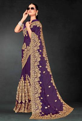 Purple zari badla embroidery work silk blend saree 3