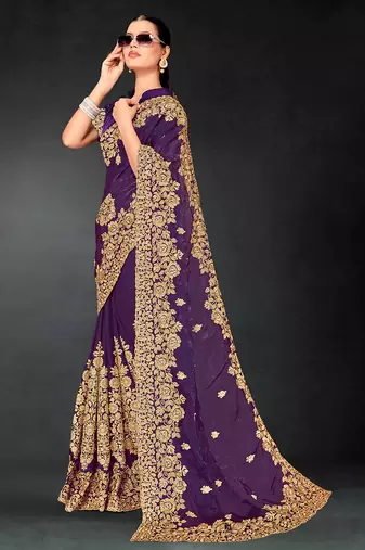 Purple zari badla embroidery work silk blend saree
