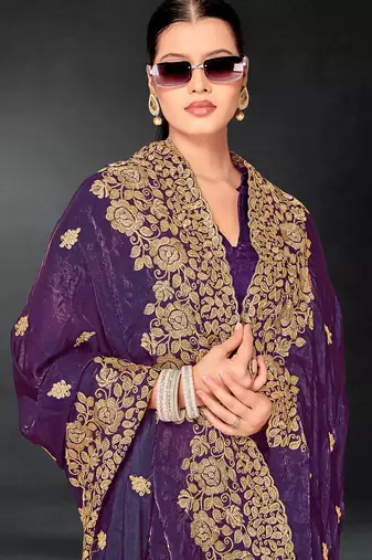 Purple zari badla embroidery work silk blend saree