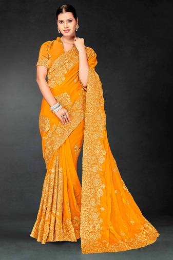 Mustard zari badla embroidery work silk blend saree