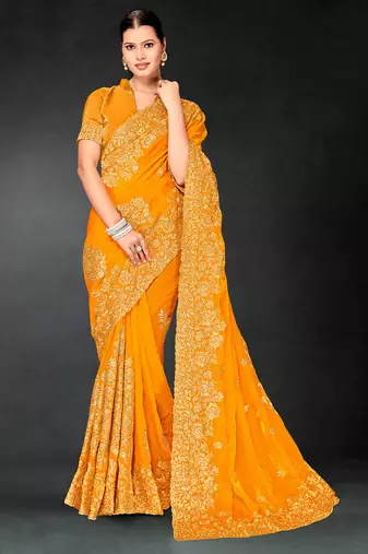 Mustard zari badla embroidery work silk blend saree