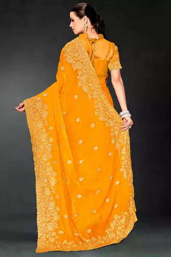 Mustard zari badla embroidery work silk blend saree