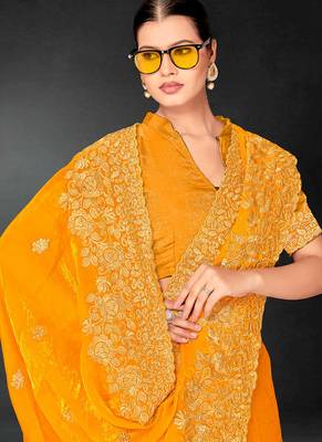 Mustard zari badla embroidery work silk blend saree 4