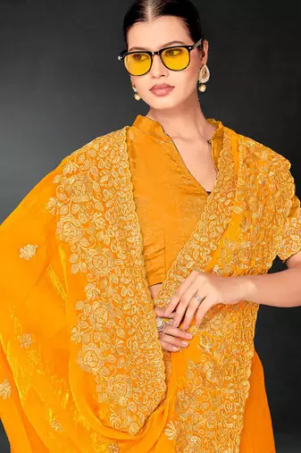 Mustard zari badla embroidery work silk blend saree