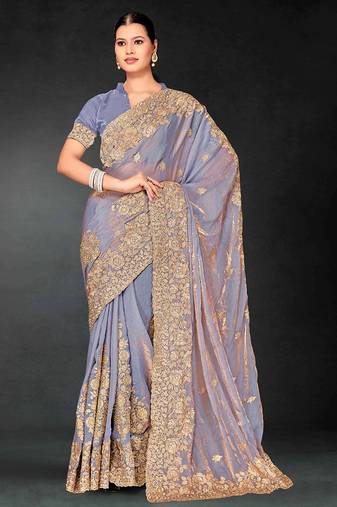 Dusty grey zari badla embroidery work silk blend saree